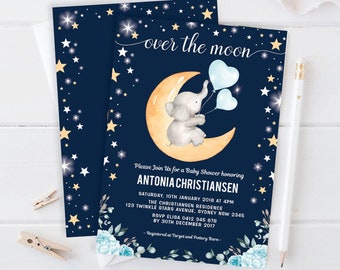 Boy Elephant Moon Baby Shower EDITABLE Invitation Template. Blue Floral Printable Invite. Twinkle Little Star Printable. MOON2