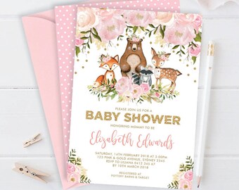 Girl Woodland Baby Shower EDITABLE INVITATION. Pink & Gold Blush Floral Forest Animals Baby Invite. Fox Deer Bear Raccoon. Feminine. FLO18G