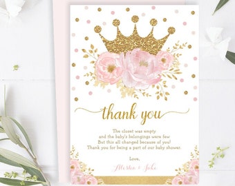 EDITABLE Princess Crown Thank You Card. Blush Pink Gold Floral Royal Party Printable Download. Girl Baby Shower. Birthday Favors. FLO18I