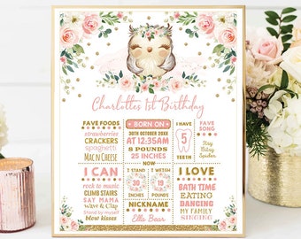 Póster del hito del primer cumpleaños de Girly Owl. Signo de pizarra de búho floral rubor. Plantilla EDITABLE Imprimible de Decoración Infantil para Niña. BÚHO1