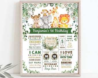 May include: A green and gold jungle-themed first birthday milestone poster with a giraffe, elephant, lion, and monkey. The poster includes the child's name, Benjamin, and details about their first year, including favorite foods, milestones, and favorite song.