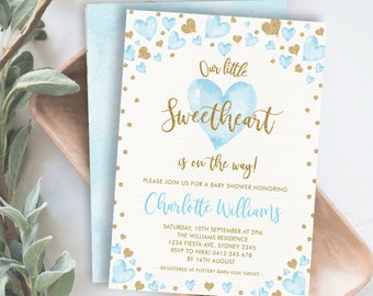 Valentines Boy Baby Shower Invitation. Blue Gold Hearts Little Sweetheart EDITABLE TEMPLATE. Glitter Confetti Instant Download. VAL3
