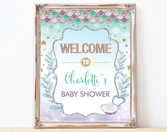 EDITABLE Mermaid Baby Shower Welcome Sign. Under the Sea Birthday Decoration. Purple Silver Gold Mint Beach Baby Girl  PrintableDecor. MER4