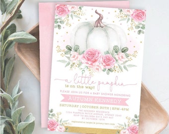 Pink Roses Pumpkin Baby Shower Invitation. Fall Autumn Floral Pumpkin Baby Girl Printable Invitation. EDITABLE TEMPLATE. PUM1