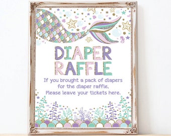 Mermaid Diaper Raffle Sign. Under the Sea Baby Shower Decoration. Beach Printable. Purple Pink Teal Gold. INSTANT DOWNLOAD. MER7