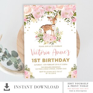 INVITATION MODIFIABLE du 1er premier anniversaire du cerf floral rose fard à joues. Girly Woodland Forest Doe Party Invitation Téléchargement imprimable. FLO18G-Cerf
