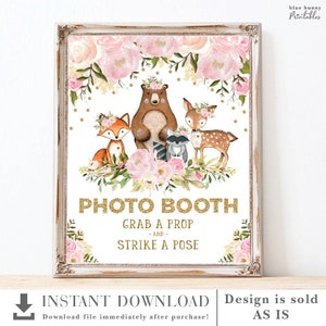 Girl Woodland Photo Booth Sign. Blush Pink Floral Photo Booth Prop. Baby Shower Decoration. 1st First Birthday Instant Download. FLO18G