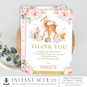 Biglietto di ringraziamento modificabile per ragazza Woodland. Modello stampabile compleanno baby shower con animali della foresta rosa cipria e oro. Download istantaneo. LEGNO16
