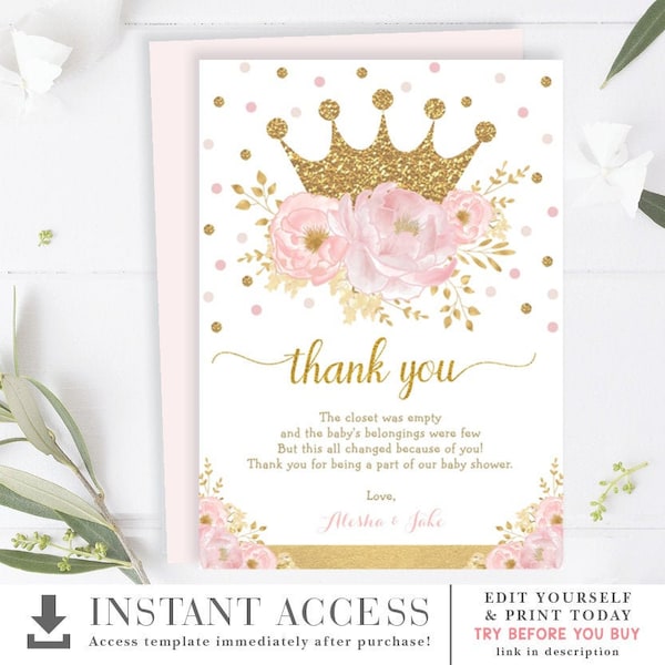 EDITABLE Princess Crown Thank You Card. Blush Pink Gold Floral Royal Party Printable Download. Girl Baby Shower. Birthday Favors. FLO18I