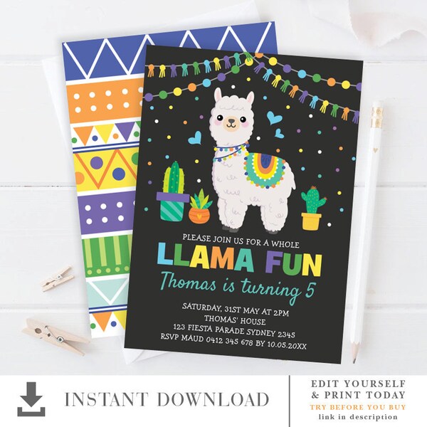 Fiesta Llama Birthday Party EDITABLE INVITATION / Boy Llama Cactus Printable Download / Alpaca 1st Birthday Chalkboard Downloadable / ALP5