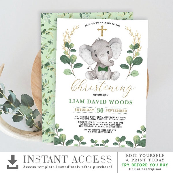 EDITABLE Greenery Elephant Christening Invitation. Little Man Baptism Printable Invite. Cute Jungle Botanical INSTANT DOWNLOAD Template GR1