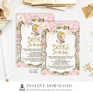 Rosa Blumen Reise Baby Shower Printable. Vintage Kartenbücher für Baby Karte. Aquarell Pfingstrosen & Globus. TRA1