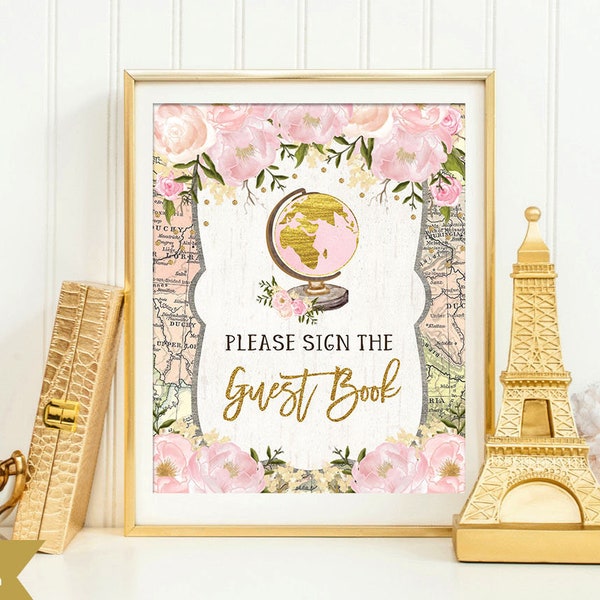 Vintage Travel Guest Book Sign. Pink Gold Blush Floral Adventure Baby Shower Decoration. Vintage Traveling World Map Table Decor. TRA1