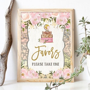 Erröten Blumen Koffer Hochzeit Gastgeschenke Zeichen. Vintage Reise Braut druckbare Schild. Reisen Weltkarte Brautparty Dekoration. TRA1
