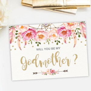 Você será minha madrinha. Cartão de padrinho rosa e dourado. Cartão para impressão da proposta floral da madrinha do Dreamcatcher. Batismo Batizado. FLO12A