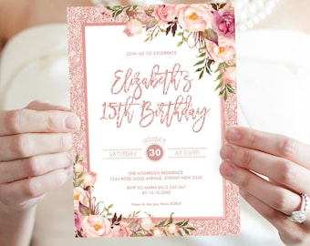 Rose Gold Birthday Invitation Template, Blush Floral Quinceañera Party Invite, Glam Glitter Boho Flowers Bridal Printable, EDITABLE, FLO30