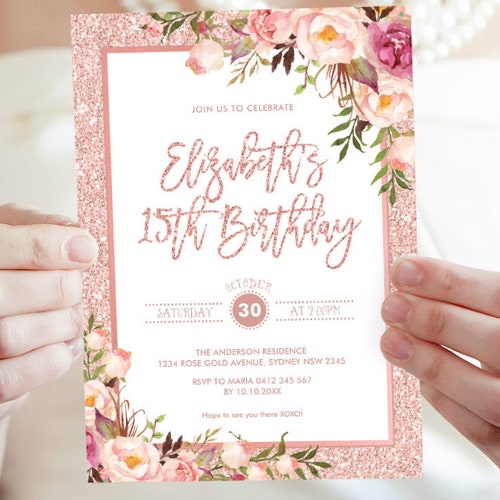 Instant Download DIY Printable Editable Templett Blush Gold 21st Birthday Boho Floral Birthday Party Invitation Flowers Invitations
