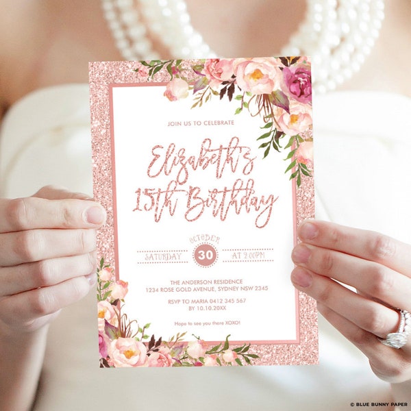 Rose Gold Birthday Invitation Template, Blush Floral Quinceañera Party Invite, Glam Glitter Boho Flowers Bridal Printable, EDITABLE, FLO30