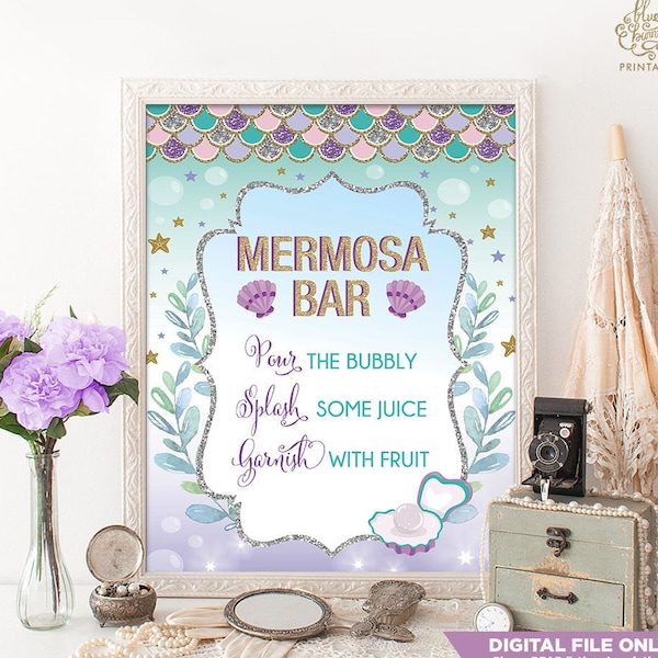 MERMOSA BAR. Mermaid Bridal Shower Sign. Ocean Under Water Sea Coral Baby Shower Decoration. Purple Gold Wedding Mimosa Bar Sign. MER4