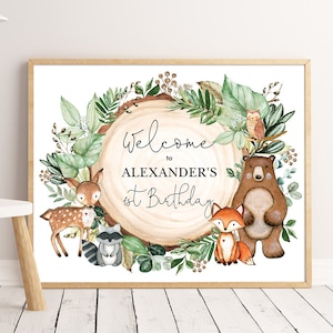 Woodland Willkommensschild zum Geburtstag. 1. 2. 3. Geburtstag Dekoration. Rustikale grüne Wald bearbeitbare Vorlage. Sofortiger Download. HOLZ24