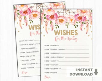 Boho Pink Gold Baby Shower Wishes for the Baby Card. Glitter Gold Well Wishes Card. Pink Floral Advice Card for Mom To Be Shower FLO12A