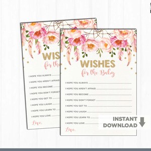 Boho Pink Gold Baby Shower Wishes for the Baby Karte. Glitzer Gold Well Wishes Karte. Rosa Blumen Ratschlag Karte für Mom To Be Shower FLO12A