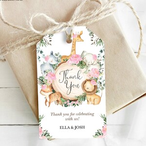 EDITABLE Girl Jungle Favor Tag Template, Safari Animals Baby Shower Thank You Tag, Wild One 1st Birthday Favors, Pink Floral Download, JUN14
