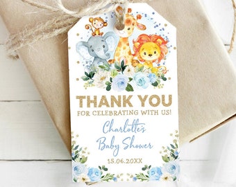 Blue Gold Safari Favor Tags. Jungle Animals Wild One Party Printable. Baby Shower Thank You Tag EDITABLE TEMPLATE Instant Download. JUN10