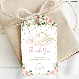 Plantilla EDITABLE de etiqueta de favor de cisne, etiqueta de regalo de baby shower floral de oro rubor, cumpleaños de princesa cisne gracias etiqueta descarga instantánea, SWAN1