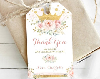 Princess Birthday Favor Tags. Gold Crown Baby Shower Thank You Tags. Blush Pink Floral Royal EDITABLE TEMPLATE Printable Download. FLO28