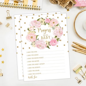 Gebete für Baby Karte. Aquarell Rosa Blumen Taufe Taufe Baby Shower druckbare Spiel. Blush Gold Konfetti Wünsche für Baby. FLO18A