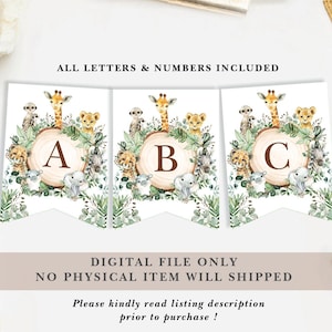 Jungle Baby Shower Printable Banner, Safari Animals Wild One Birthday Party Decorations, Rustic Greenery Bunting ALL LETTERS & NUMBERS JUN13