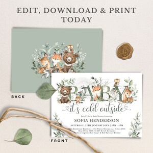 Invito modificabile per baby shower nel bosco invernale Bambino fa freddo fuori dalla foresta Animali modello stampabile Winter Wonderland Scarica FOR4 immagine 2