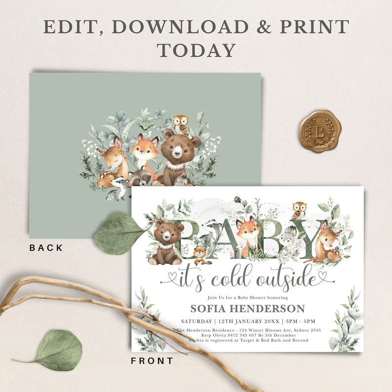Invito modificabile per baby shower nel bosco invernale Bambino fa freddo fuori dalla foresta Animali modello stampabile Winter Wonderland Scarica FOR4 immagine 2