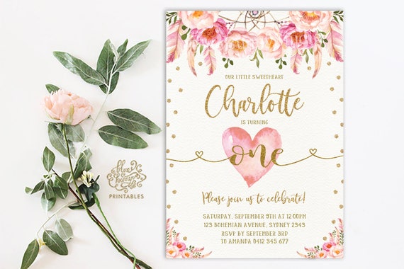 Valentines Birthday Invitation. Pink Gold First Birthday Invite. Little Sweetheart 1st Birthday Party Invite. Boho Floral Pink Heart FLO12AV Il_570xn