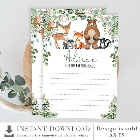 Woodland Advice Card for PARENTS, MOM, MUM. Greenery Forest Animals Baby Shower Game. Wishes Advice Printable Instant Download. WOOD24 Il_570xn