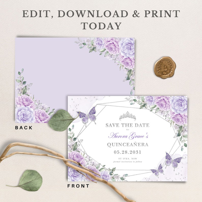 May include: Purple and white floral save the date card with a silver geometric frame and a butterfly design. The text reads "Save the Date for Aurora Grace's Quincea&ntilde;era 05.28.2031 St Ives, NSW Formal invitation to follow."