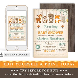 May include: It's a Boy Baby Shower invitation with a woodland theme. The invitation features a cute cartoon bear, fox, deer, and bunny. The invitation is printed on a rustic brown background with a wood grain texture. The text on the invitation reads "It's a Boy Baby Shower" and "Charlotte Rosenbaum". The invitation also includes the date, time, and location of the shower.