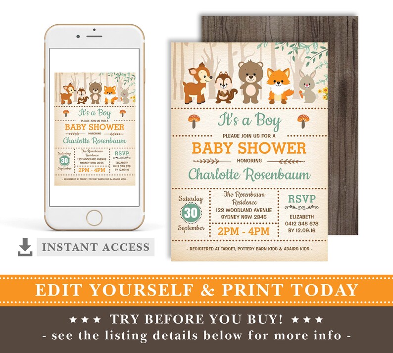 May include: It's a Boy Baby Shower invitation with a woodland theme. The invitation features a cute cartoon bear, fox, deer, and bunny. The invitation is printed on a rustic brown background with a wood grain texture. The text on the invitation reads "It's a Boy Baby Shower" and "Charlotte Rosenbaum". The invitation also includes the date, time, and location of the shower.