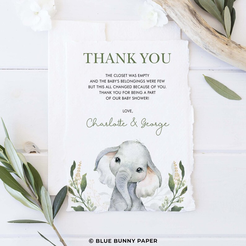 Elephant Thank You Card Greenery Baby Shower Eucalyptus Wild - Etsy