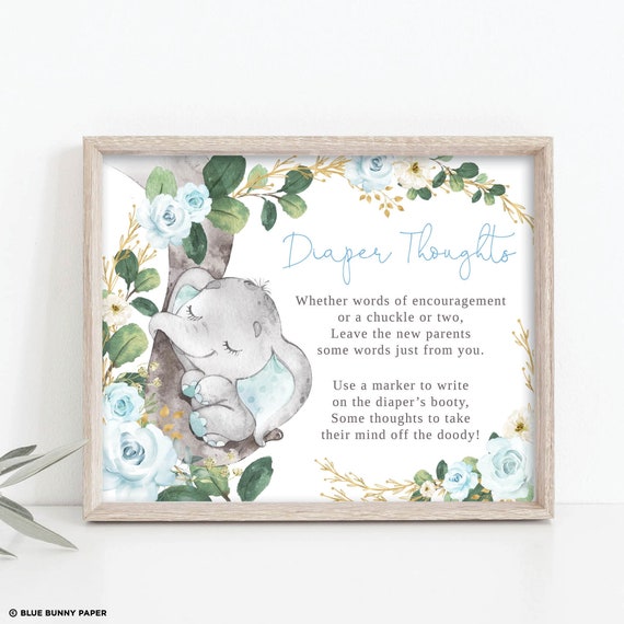 Diaper Thoughts Game Sign, Elephant Baby Shower Decoration, Late Night Diapers Printable, Blue Floral Greenery Instant Download, EL9 Il_570xn