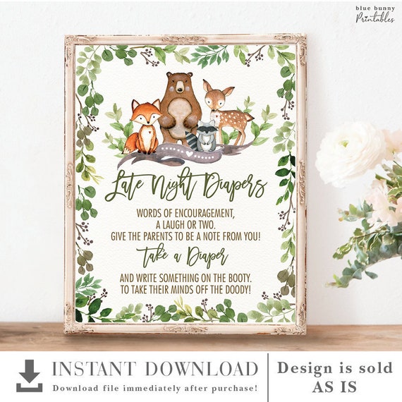 Late Night Diapers Baby Shower Decoration. Woodland Animals Printable Sign. Forest Greenery Deer Fox Bear Raccoon. INSTANT DOWNLOAD. BOT5 Il_570xn