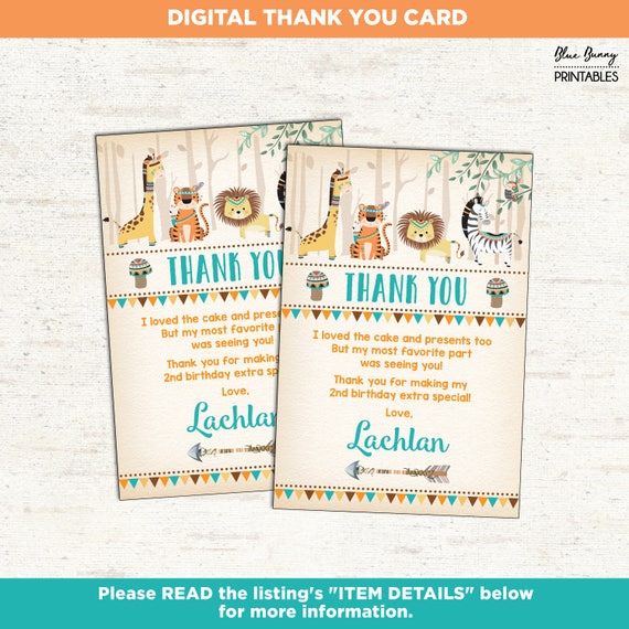 Tribal Jungle Thank You Card. Rustic Safari Birthday Printable Thank You Notes. Baby Shower. Woodland Forest. Boho Shower. JUN4 Il_570xn