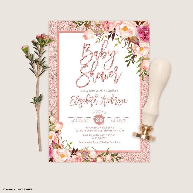 May include: A pink and white baby shower invitation with a rose gold glitter background. The invitation features a floral design with the text "Baby Shower" and "Elizabeth Anderson". The date and time of the shower are listed as "Saturday, October 30 at 2:00 PM". The location is listed as "The Anderson Residence, 1234 Rose Gold Avenue, Sydney NSW 2345". The RSVP information is listed as "RSVP to Maria 0412 345 567 by 10.10.20XX". The registry information is listed as "Registered at Target & Pottery Barn Kids".