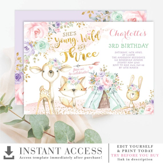 Girl Woodland 3rd Birthday Invitation Template Tribal Boho Teepee Forest Animals Printable Invite Pink Mint Gold Purple Floral Wood31 By Blue Bunny Printables Catch My Party