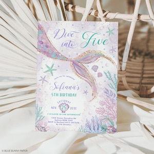 May include: A mermaid-themed birthday invitation with the text "Dive into Five." The invitation features a mermaid tail in shades of purple, gold, and teal, along with starfish and seashell illustrations. The invitation is for Sofiana's 5th birthday, scheduled for November 25, 2031.