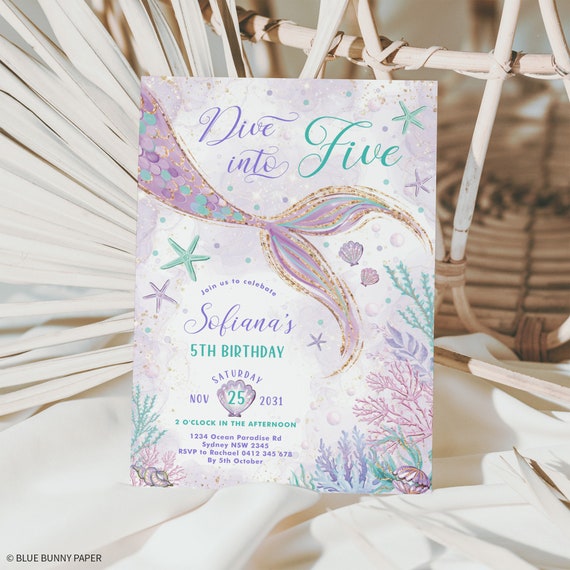 Mermaid 5th Birthday Invitation, Dive into Five Editable Template, Teal & Purple Corjl Invitation, Instant Download Printable JPEG PDF MER2