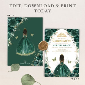 May include: Green and gold Quincea&ntilde;era invitation with a floral design and a silhouette of a girl in a green dress. The text reads "Please join us for a Quincea&ntilde;era to celebrate the 15th birthday of Aurora Grace. Saturday, August 15th, 2:00 PM. The Hyde Park Hotel, 1234 Miller Street, Sydney 2345. RSVP by October 10th to Angela at 0412 345 675. Hosted by the Williams Family."