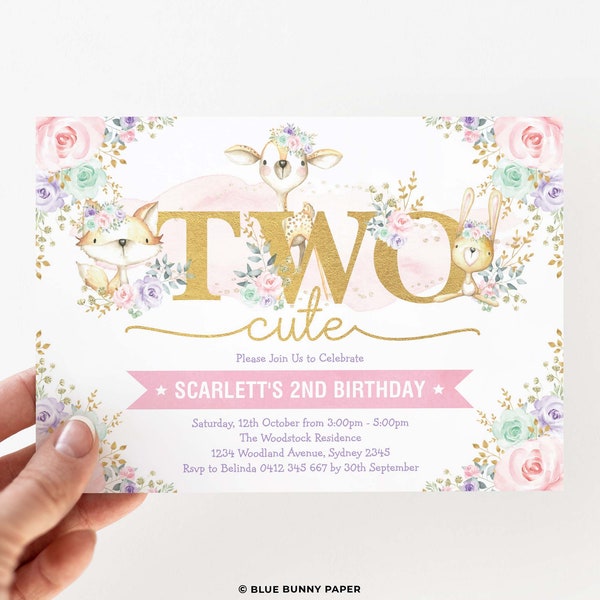 Two Cute Woodland 2nd Birthday Invitation, Pink Purple Mint Floral Invite, Girl Forest Animals Printable, EDITABLE TEMPLATE Download, WOOD31