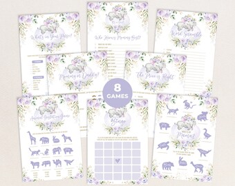 May include: A set of 8 printable baby shower games featuring a purple and gold floral design with elephants. The games include "What's in Your Purse?", "Who Knows Mommy Best?", "Mommy or Daddy?", "The Price is Right", "Word Scramble", "Animal Gestation Game", "Bingo", and "Who is My Mama?"